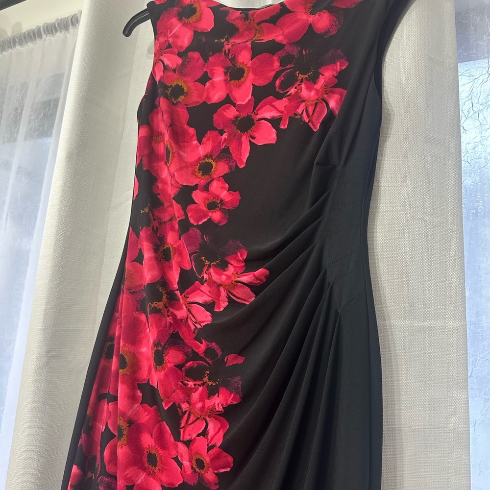 Ralph Lauren Asymmetrical Dress in Black with Pink Floral - Picture 2 of 4